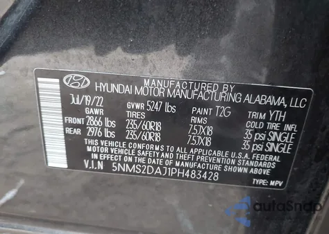 2023 Hyundai Santa Fe Sel z USA, uszkodzony, nr VIN 5NMS2DAJ1PH483428